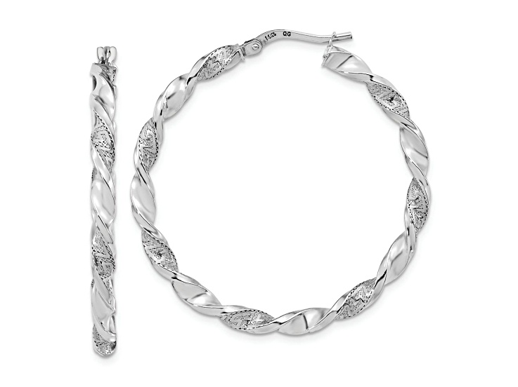 Rhodium Over 14K White Gold 1 5/8" Polished and Textured Twisted Hoop Earrings