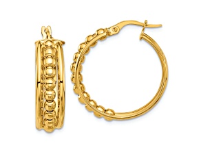 14k Yellow Gold 1" Polished and Beaded Hoop Earrings