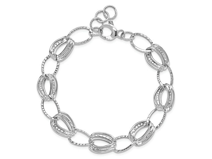Rhodium Over 14k White Gold 11mm Polished and Textured Fancy Link Bracelet