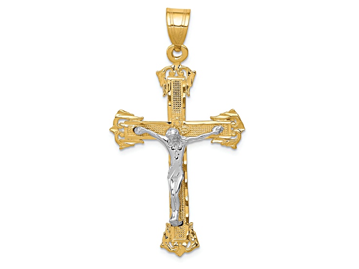 14K Yellow and White Gold Diamond-cut Crucifix Pendant