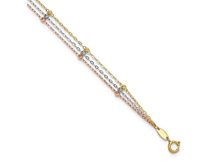 10k Yellow Gold, 10k White Gold and 10k Rose Gold 3-Strand Diamond-Cut Beaded Cable Link Anklet