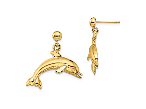 14k Yellow Gold Jumping Dolphin Dangle Earrings