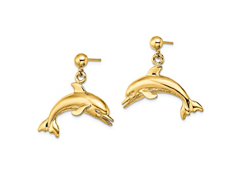 14k Yellow Gold Jumping Dolphin Dangle Earrings