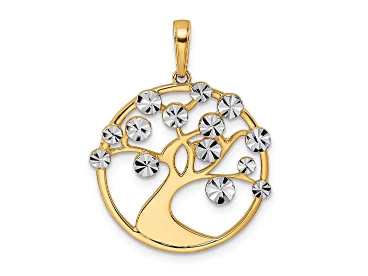 14k Two-tone Gold Rhodium Diamond-Cut Tree of Life Pendant