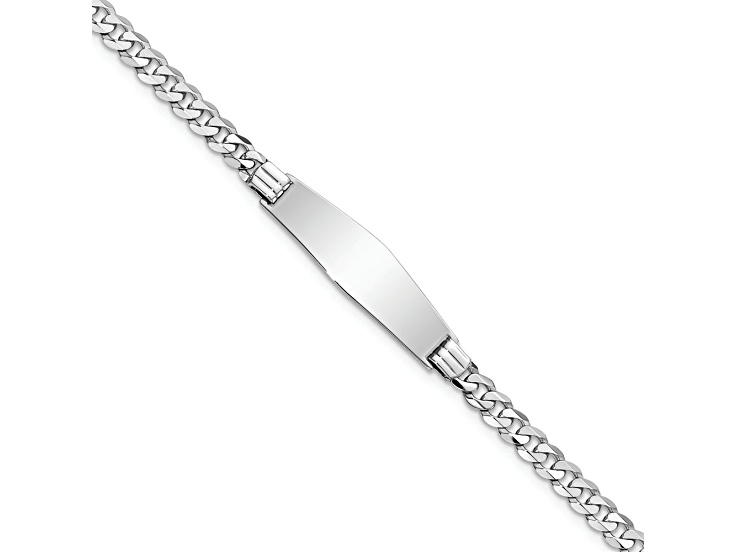 Rhodium Over 14k White Gold Soft Diamond Shape Flat Curb Link ID Bracelet