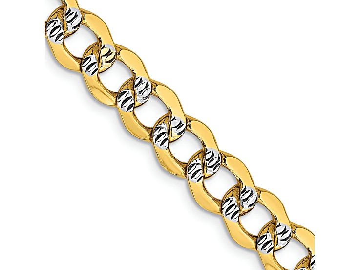 14k Yellow Gold and Rhodium Over 14k Yellow Gold Textured 6.75mm Pave Curb 20 Inch Chain