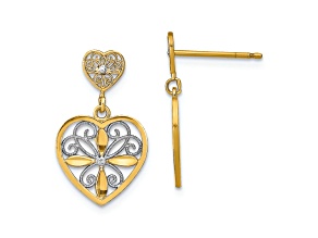 14K Two-tone Gold Flower and Heart Beaded Filigree Dangle Earrings