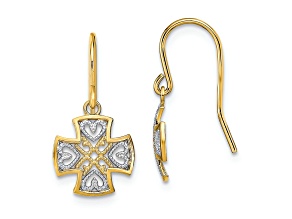 14k Two-tone Textured Fancy Cross Dangle Earrings