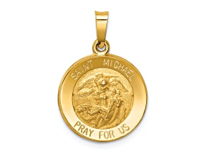 14K Yellow Gold Polished and Satin St Michael Medal Hollow Pendant
