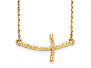 14K Yellow Gold Large Sideways Curved Twist Cross Necklace