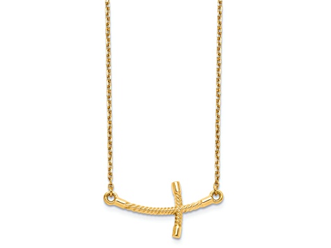 14K Yellow Gold Large Sideways Curved Twist Cross Necklace