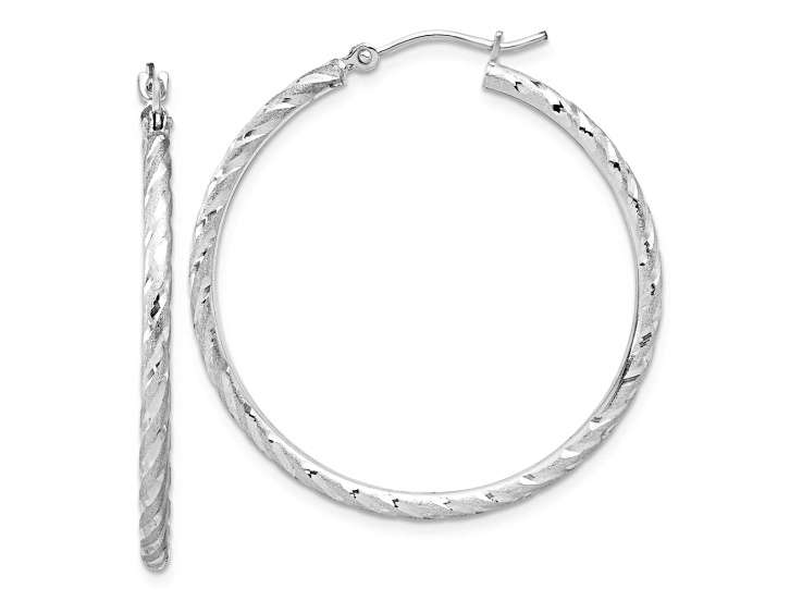 Rhodium Over 14k White Gold Polished, Satin and Diamond-Cut 1 3/8" Hoop Earrings