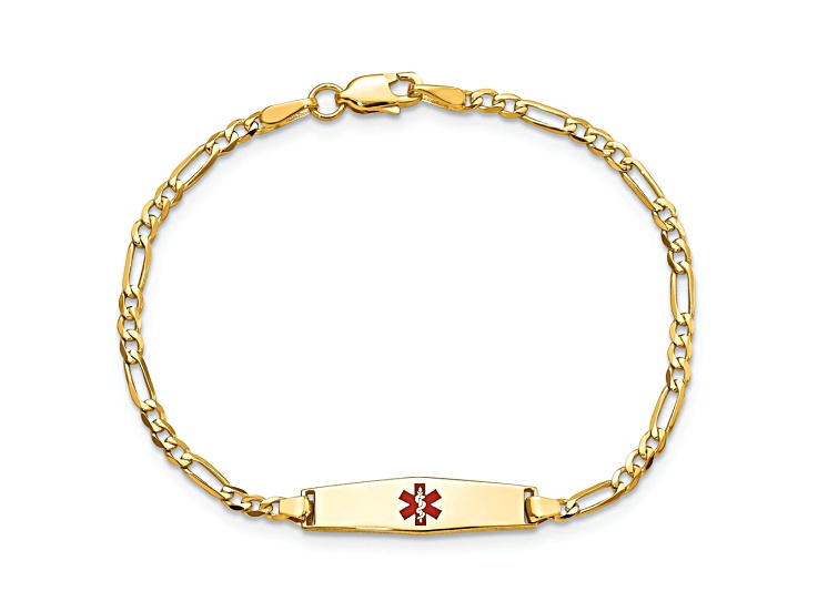 14k Yellow Gold Medical Soft Diamond Shape Red Enamel Figaro Link ID Bracelet