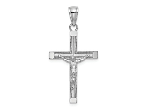 Rhodium Over 14K White Gold Polished and Textured Crucifix Charm