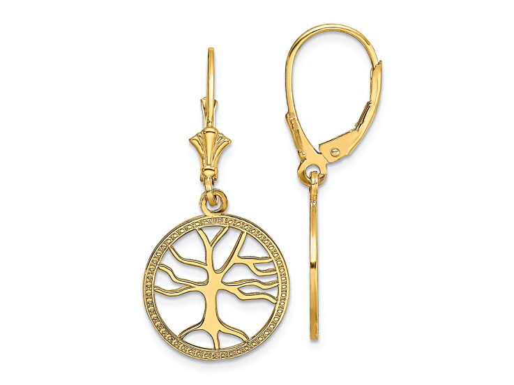 10k Yellow Gold Textured Tree of Life In Round Frame Dangle Earrings
