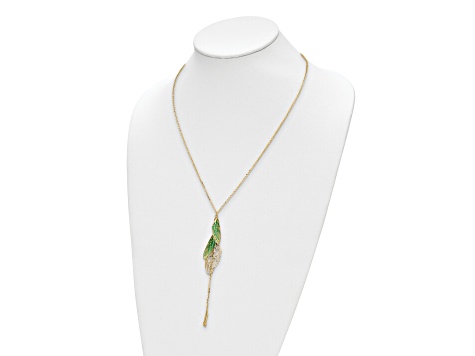 14K Yellow Gold Polished Green Enamel Butterfly Wing Y-drop Necklace