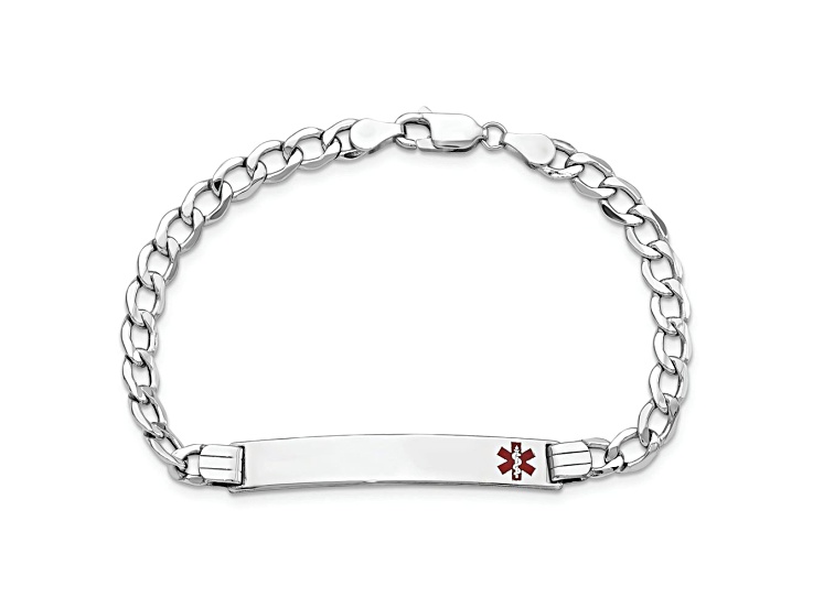 Rhodium Over 14k White Gold Medical Polished Red Enamel Curb Link ID Bracelet