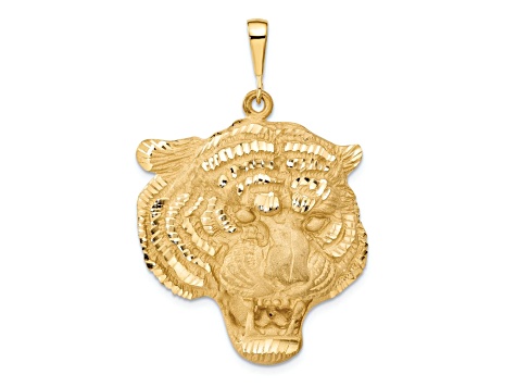 14k Yellow Gold Diamond-Cut and Satin Tigers Head Pendant