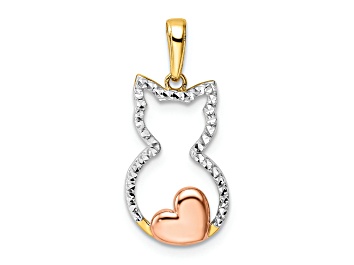 Picture of 14K Yellow Gold with White and Rose Rhodium Diamond-cut Cat Heart Pendant