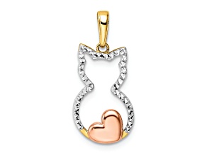 14K Yellow Gold with White and Rose Rhodium Diamond-cut Cat Heart Pendant