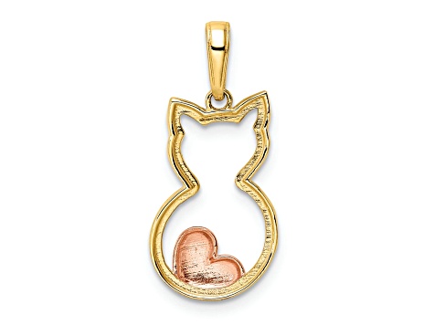 14K Yellow Gold with White and Rose Rhodium Diamond-cut Cat Heart Pendant