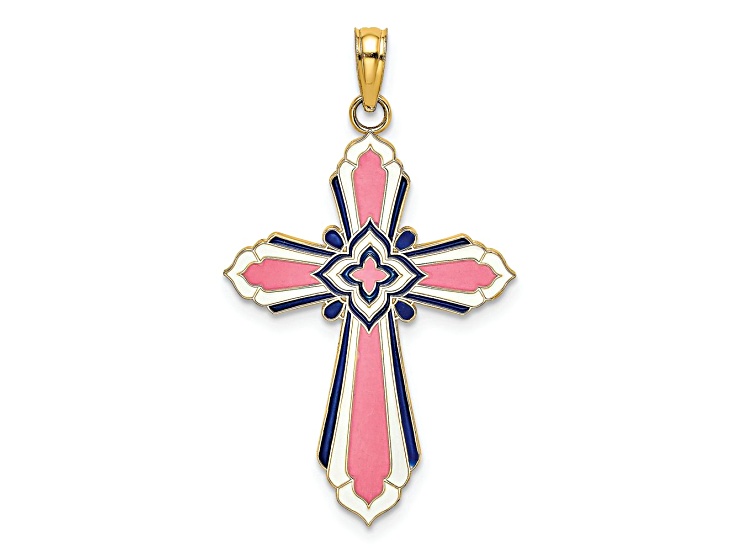 14k Yellow Gold 3D Pink, White and Blue Enamel Reversible Cross Charm
