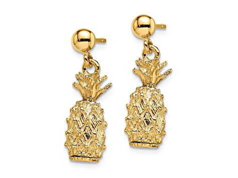 14k Yellow Gold Textured 3D Pineapple Dangle Earrings