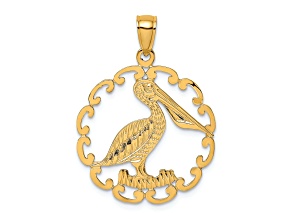 14k Yellow Gold Textured Pelican In Circle Charm