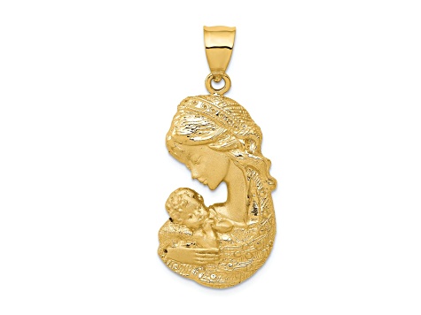 14k Yellow Gold Solid Satin and Polished Mother Holding Child Charm