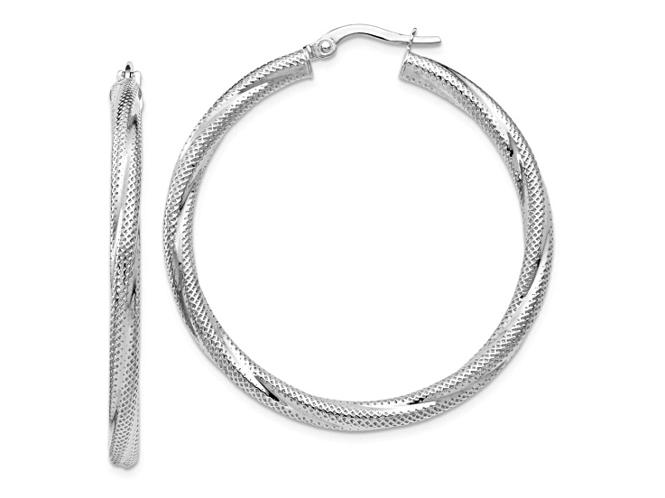 Rhodium Over 10k White Gold 1 5/8 inch Twisted Hinged Hoop Earrings
