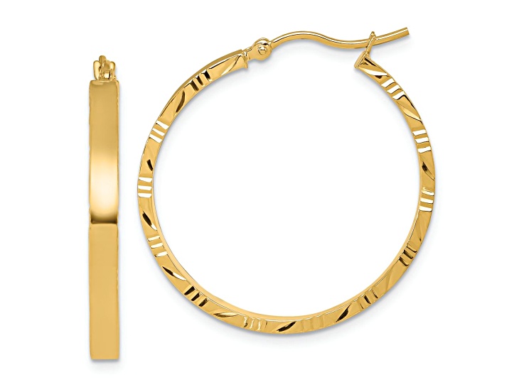 14k Yellow Gold 1 3/16 inch Diamond-Cut Edge Polished Large Hoop Earrings