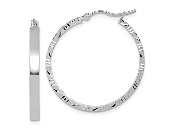 Rhodium Over 14k White Gold 1 3/16 inch Polished Diamond-Cut Edge Large Hoop Earrings