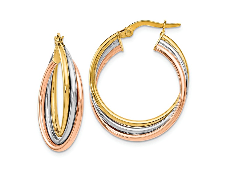 14K Tri-color Gold 7/8 inch Polished Twisted Hoop Earrings