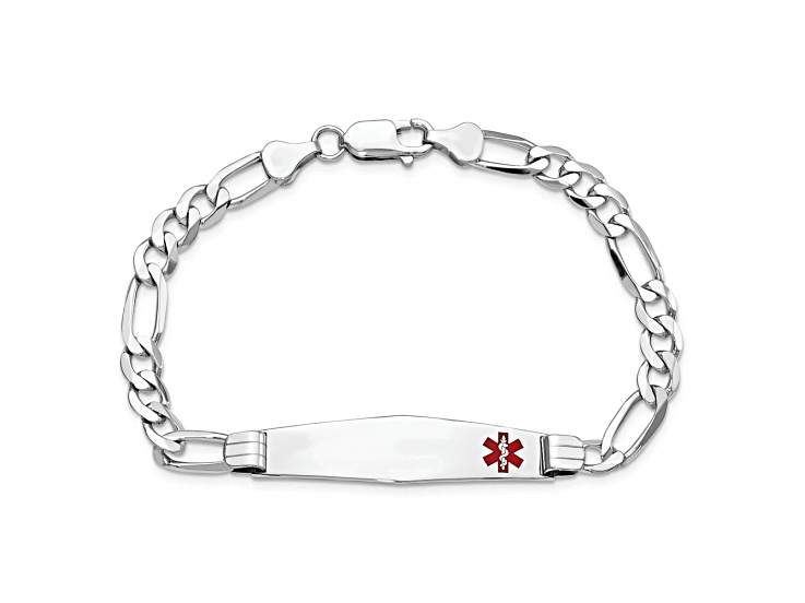 Rhodium Over 14k White Gold Medical Soft Diamond Shape Red Enamel Figaro Link ID Bracelet