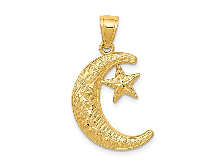 14k Yellow Gold Polished and Textured Moon and Stars Pendant