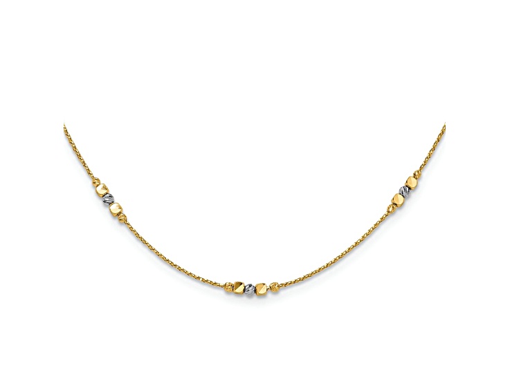 14k Yellow Gold and 14k White Gold Polished Textured and Diamond-Cut Beads 17 Inch Necklace