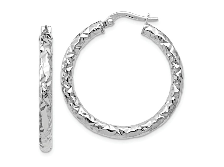 Rhodium Over 14k White Gold 1 3/16 inch Polished and Textured Hoop Earrings