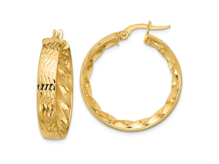 14k Yellow Gold 1 inch Polished and Diamond-Cut Hoop Earrings