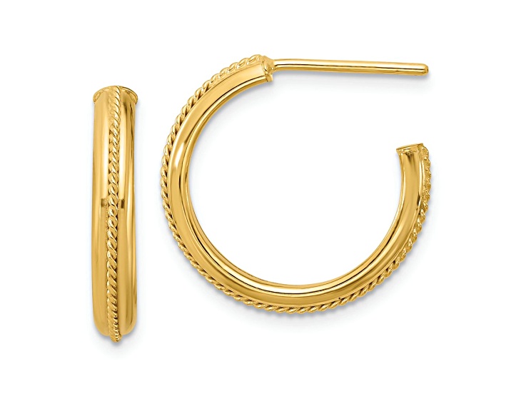 14k Yellow Gold 13/16 inch Polished and Textured Round J-Hoop Earrings