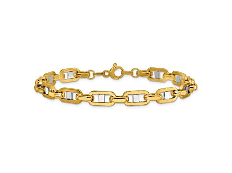 14K Two-tone Gold Men's Polished 6.4mm Flat Mariner Link Bracelet