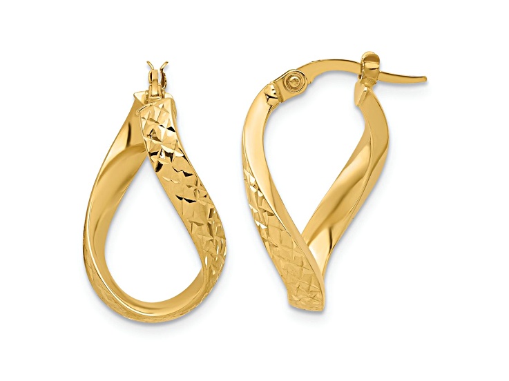 14k Yellow Gold 7/8 inch Polished and Diamond-Cut Twist Hoop Earrings