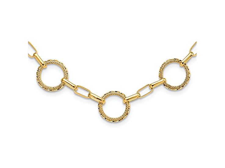 14k Yellow Gold Diamond-Cut and Textured Circles Fancy Link 17 Inch Necklace