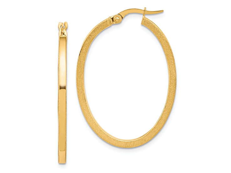 10k Yellow Gold 1 3/8 inch Brushed and Polished Oval Hoop Earrings