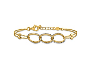 14K Two-tone Gold Polished, Textured and Diamond-Cut 2-Strand Oval Charm Bracelet
