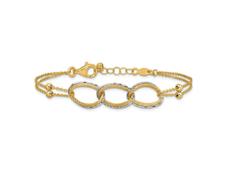 14K Two-tone Gold Polished, Textured and Diamond-Cut 2-Strand Oval Charm Bracelet
