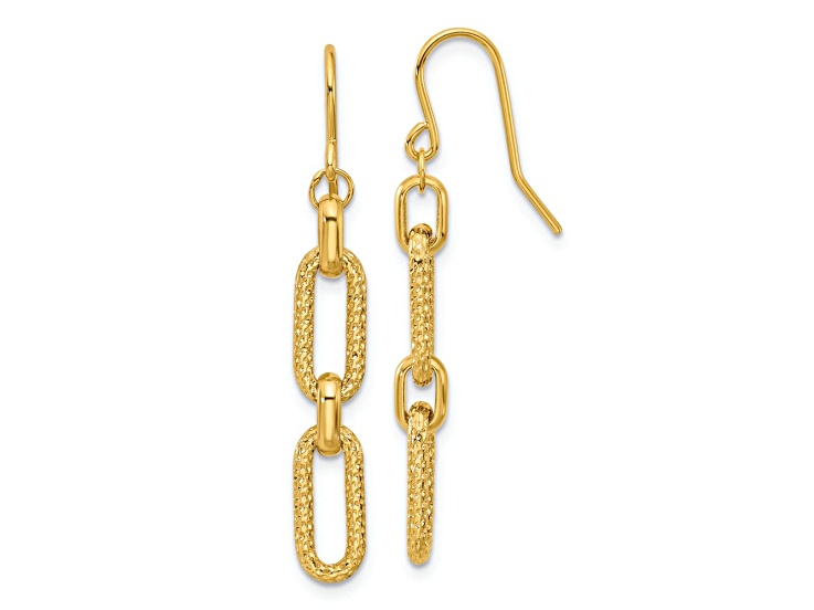 14k Yellow Gold Polished and Diamond-Cut Link Dangle Earrings