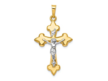 Picture of 14k Yellow Gold and 14k White Gold Brushed Fleur-de-Lis INRI Crucifix Pendant