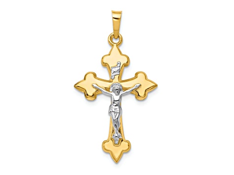 14k Yellow Gold and 14k White Gold Brushed Fleur-de-Lis INRI Crucifix Pendant
