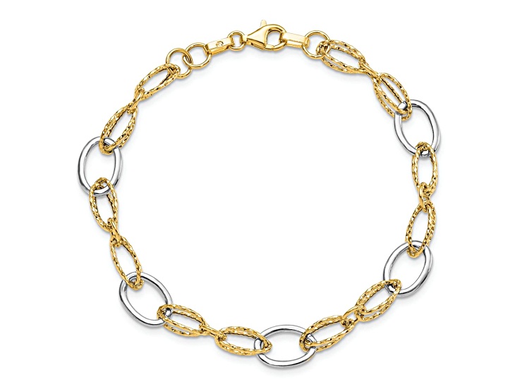 14K Two-tone Gold Polished and Textured 8mm Fancy Link Bracelet