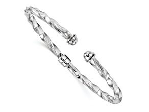 Rhodium Over 14k White Gold Polished and Textured 4mm Twisted Hinged Cuff Bangle